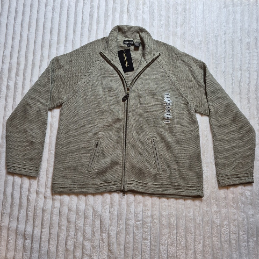 Jeanne Pierre Mens XL Full Zip Cotton Sweater Olive Heather Mock Neck 591725 NWT
